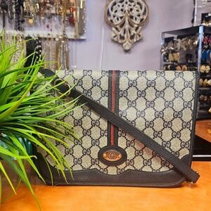 Gucci Vintage Beige and Blue Shoulder Bag with Red Stripe